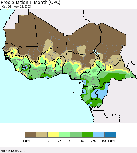 Western Africa Precipitation 1-Month (CPC) Thematic Map For 10/16/2023 - 11/15/2023