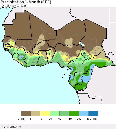 Western Africa Precipitation 1-Month (CPC) Thematic Map For 10/21/2023 - 11/20/2023