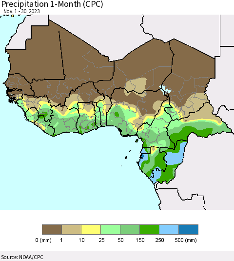 Western Africa Precipitation 1-Month (CPC) Thematic Map For 11/1/2023 - 11/30/2023