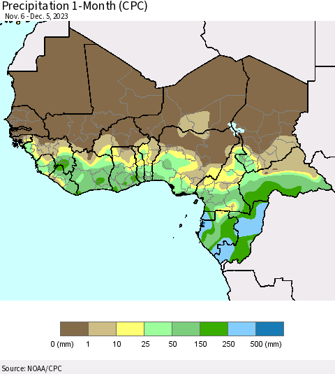 Western Africa Precipitation 1-Month (CPC) Thematic Map For 11/6/2023 - 12/5/2023