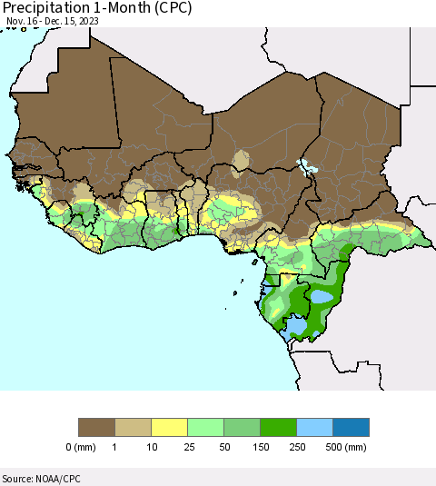 Western Africa Precipitation 1-Month (CPC) Thematic Map For 11/16/2023 - 12/15/2023