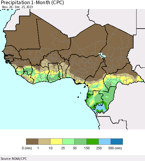 Western Africa Precipitation 1-Month (CPC) Thematic Map For 11/26/2023 - 12/25/2023