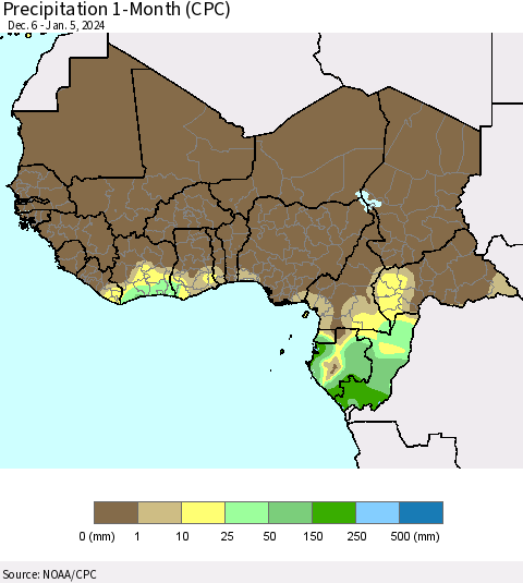 Western Africa Precipitation 1-Month (CPC) Thematic Map For 12/6/2023 - 1/5/2024