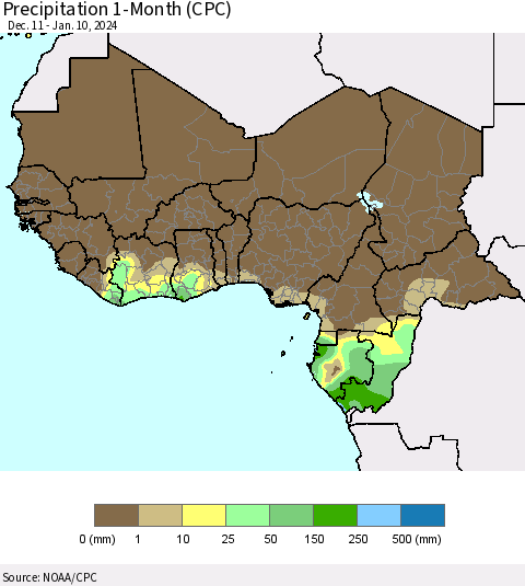 Western Africa Precipitation 1-Month (CPC) Thematic Map For 12/11/2023 - 1/10/2024