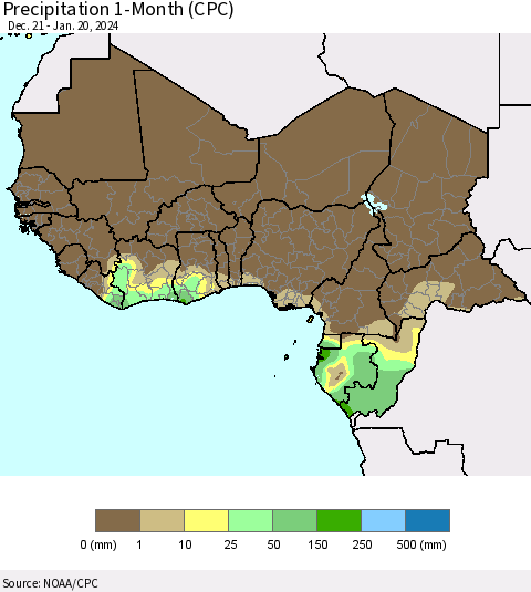 Western Africa Precipitation 1-Month (CPC) Thematic Map For 12/21/2023 - 1/20/2024