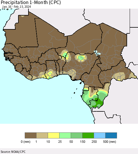 Western Africa Precipitation 1-Month (CPC) Thematic Map For 1/16/2024 - 2/15/2024