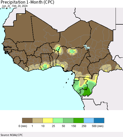 Western Africa Precipitation 1-Month (CPC) Thematic Map For 1/21/2024 - 2/20/2024