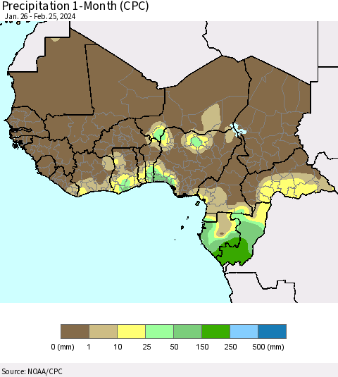 Western Africa Precipitation 1-Month (CPC) Thematic Map For 1/26/2024 - 2/25/2024