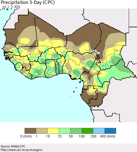 Western Africa Precipitation 5-Day (CPC) Thematic Map For 7/1/2021 - 7/5/2021