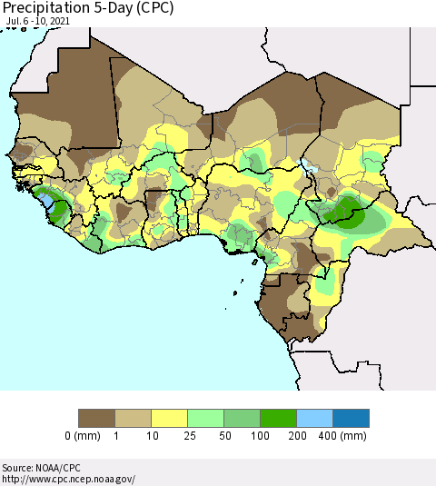 Western Africa Precipitation 5-Day (CPC) Thematic Map For 7/6/2021 - 7/10/2021