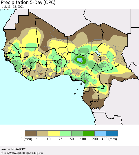 Western Africa Precipitation 5-Day (CPC) Thematic Map For 7/11/2021 - 7/15/2021