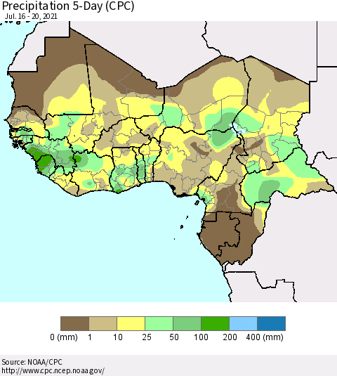 Western Africa Precipitation 5-Day (CPC) Thematic Map For 7/16/2021 - 7/20/2021