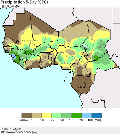 Western Africa Precipitation 5-Day (CPC) Thematic Map For 7/21/2021 - 7/25/2021