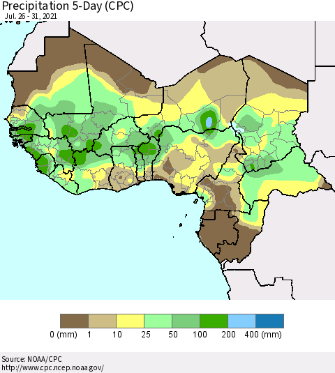 Western Africa Precipitation 5-Day (CPC) Thematic Map For 7/26/2021 - 7/31/2021