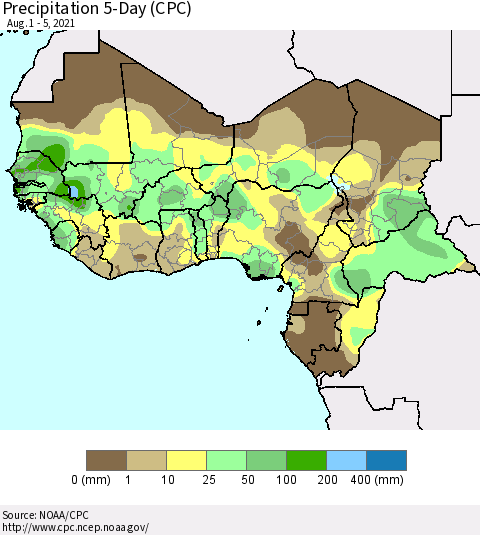Western Africa Precipitation 5-Day (CPC) Thematic Map For 8/1/2021 - 8/5/2021