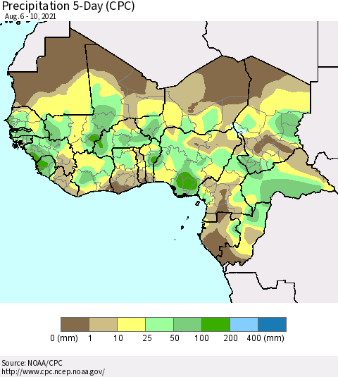 Western Africa Precipitation 5-Day (CPC) Thematic Map For 8/6/2021 - 8/10/2021