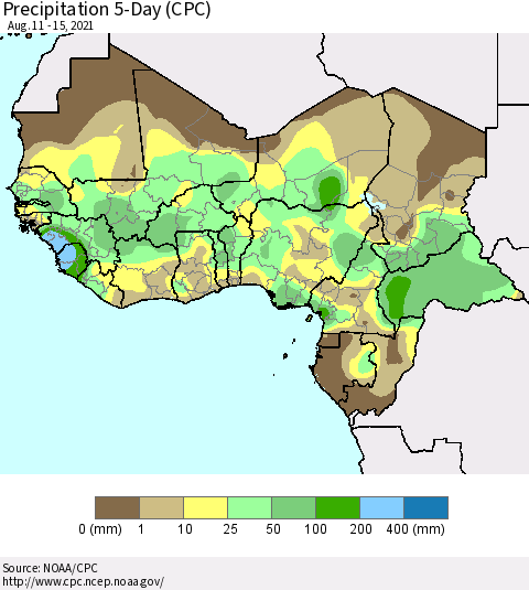 Western Africa Precipitation 5-Day (CPC) Thematic Map For 8/11/2021 - 8/15/2021