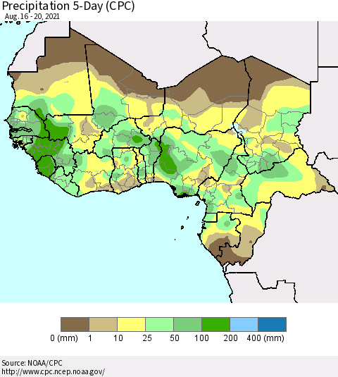 Western Africa Precipitation 5-Day (CPC) Thematic Map For 8/16/2021 - 8/20/2021