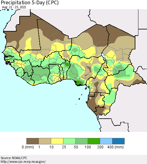 Western Africa Precipitation 5-Day (CPC) Thematic Map For 8/21/2021 - 8/25/2021