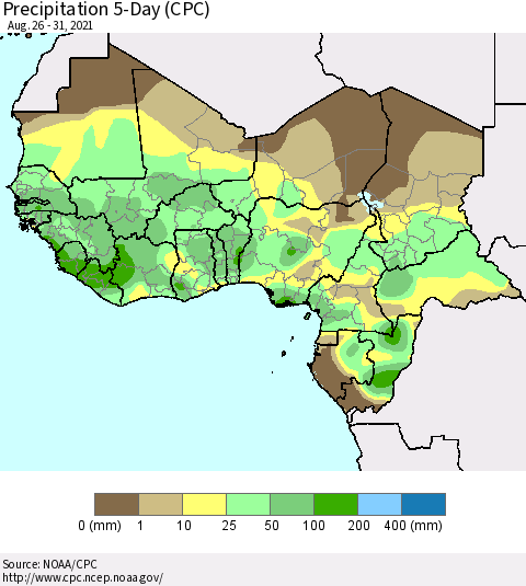 Western Africa Precipitation 5-Day (CPC) Thematic Map For 8/26/2021 - 8/31/2021