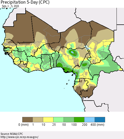Western Africa Precipitation 5-Day (CPC) Thematic Map For 9/1/2021 - 9/5/2021