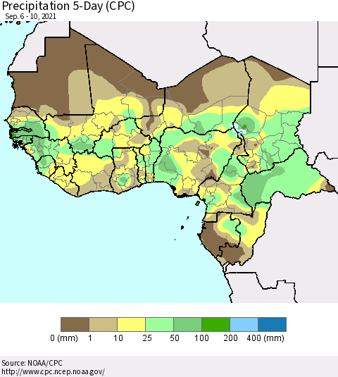 Western Africa Precipitation 5-Day (CPC) Thematic Map For 9/6/2021 - 9/10/2021