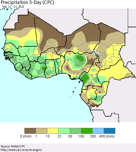 Western Africa Precipitation 5-Day (CPC) Thematic Map For 9/11/2021 - 9/15/2021