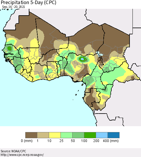 Western Africa Precipitation 5-Day (CPC) Thematic Map For 9/16/2021 - 9/20/2021
