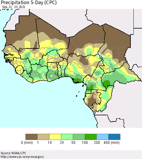 Western Africa Precipitation 5-Day (CPC) Thematic Map For 9/21/2021 - 9/25/2021