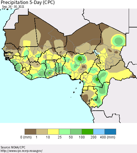 Western Africa Precipitation 5-Day (CPC) Thematic Map For 9/26/2021 - 9/30/2021