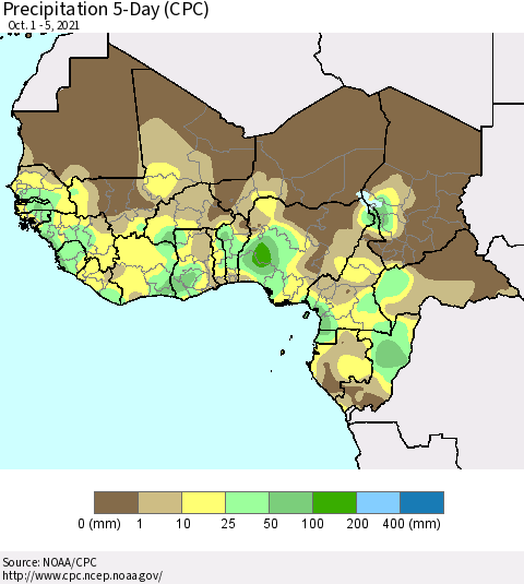 Western Africa Precipitation 5-Day (CPC) Thematic Map For 10/1/2021 - 10/5/2021