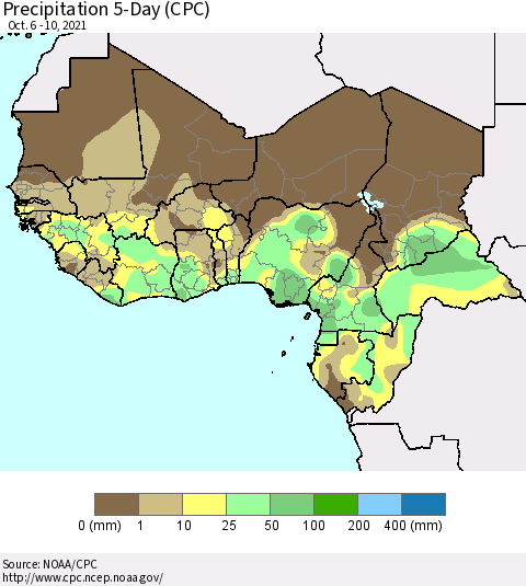 Western Africa Precipitation 5-Day (CPC) Thematic Map For 10/6/2021 - 10/10/2021
