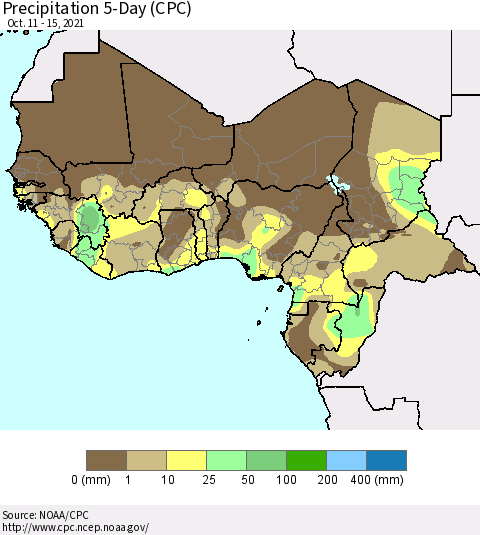 Western Africa Precipitation 5-Day (CPC) Thematic Map For 10/11/2021 - 10/15/2021