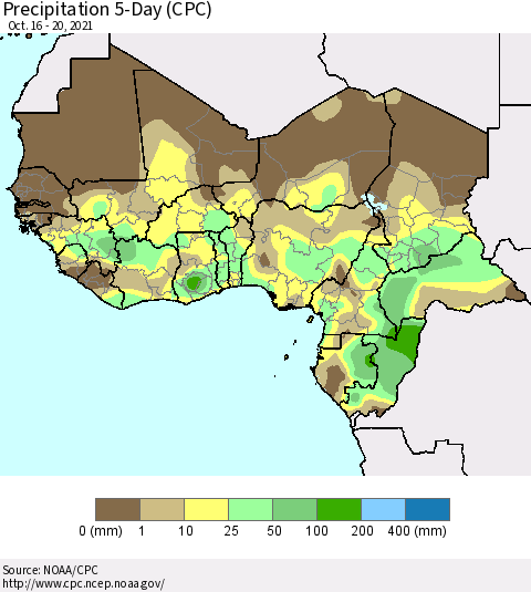 Western Africa Precipitation 5-Day (CPC) Thematic Map For 10/16/2021 - 10/20/2021