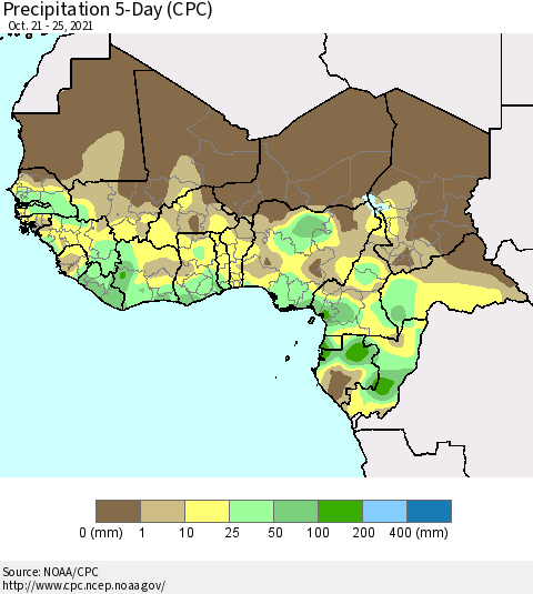 Western Africa Precipitation 5-Day (CPC) Thematic Map For 10/21/2021 - 10/25/2021
