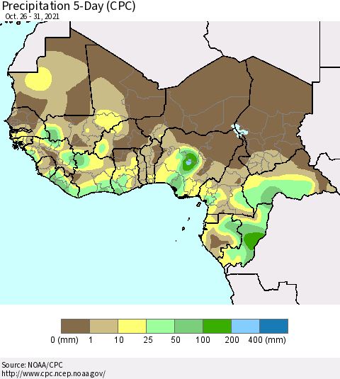 Western Africa Precipitation 5-Day (CPC) Thematic Map For 10/26/2021 - 10/31/2021