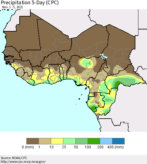 Western Africa Precipitation 5-Day (CPC) Thematic Map For 11/1/2021 - 11/5/2021