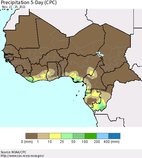 Western Africa Precipitation 5-Day (CPC) Thematic Map For 11/21/2021 - 11/25/2021
