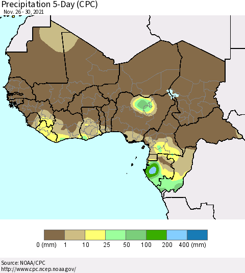 Western Africa Precipitation 5-Day (CPC) Thematic Map For 11/26/2021 - 11/30/2021
