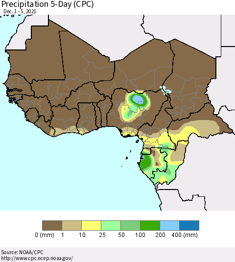Western Africa Precipitation 5-Day (CPC) Thematic Map For 12/1/2021 - 12/5/2021