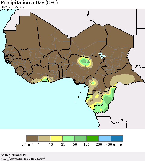 Western Africa Precipitation 5-Day (CPC) Thematic Map For 12/21/2021 - 12/25/2021