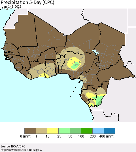 Western Africa Precipitation 5-Day (CPC) Thematic Map For 1/1/2022 - 1/5/2022