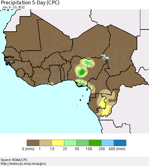 Western Africa Precipitation 5-Day (CPC) Thematic Map For 1/6/2022 - 1/10/2022