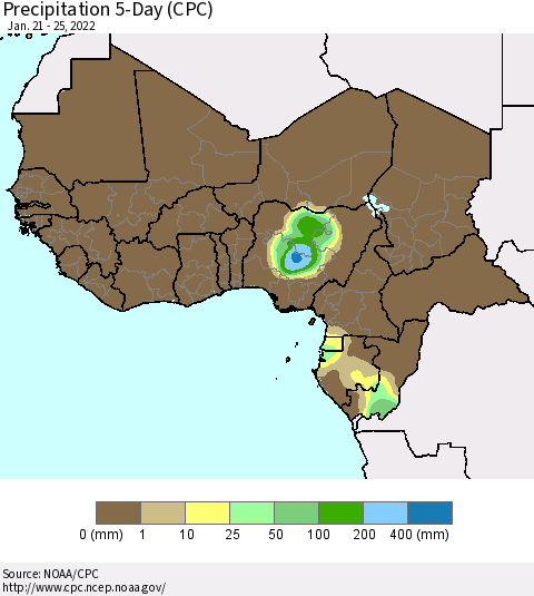 Western Africa Precipitation 5-Day (CPC) Thematic Map For 1/21/2022 - 1/25/2022
