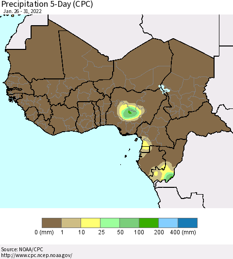 Western Africa Precipitation 5-Day (CPC) Thematic Map For 1/26/2022 - 1/31/2022
