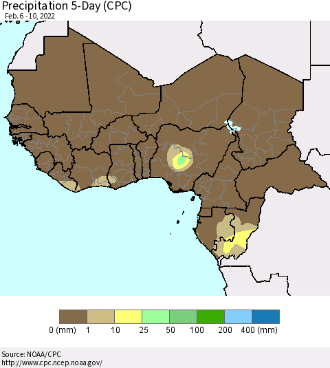 Western Africa Precipitation 5-Day (CPC) Thematic Map For 2/6/2022 - 2/10/2022