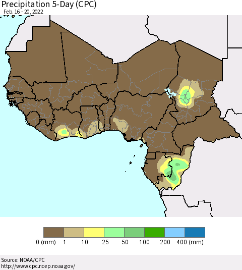 Western Africa Precipitation 5-Day (CPC) Thematic Map For 2/16/2022 - 2/20/2022