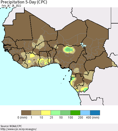 Western Africa Precipitation 5-Day (CPC) Thematic Map For 2/26/2022 - 2/28/2022