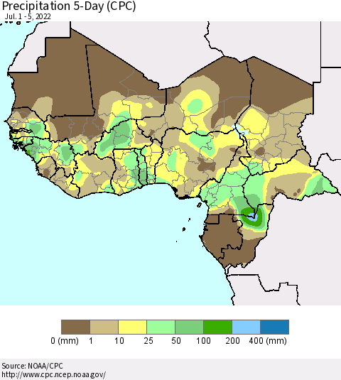 Western Africa Precipitation 5-Day (CPC) Thematic Map For 7/1/2022 - 7/5/2022