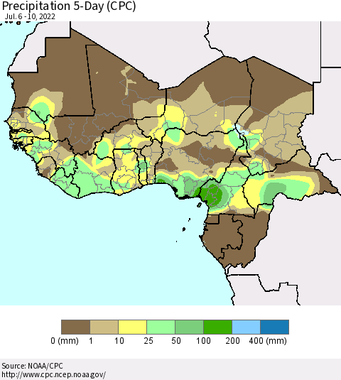 Western Africa Precipitation 5-Day (CPC) Thematic Map For 7/6/2022 - 7/10/2022